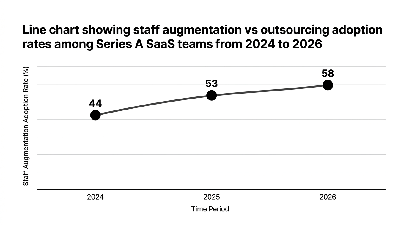 Line chart showing line chart showing staff augmentation vs outsourcing adoption rates among series a saas teams from 2024 to 2026 — data visualization for staff augmentation adoption rate (%)