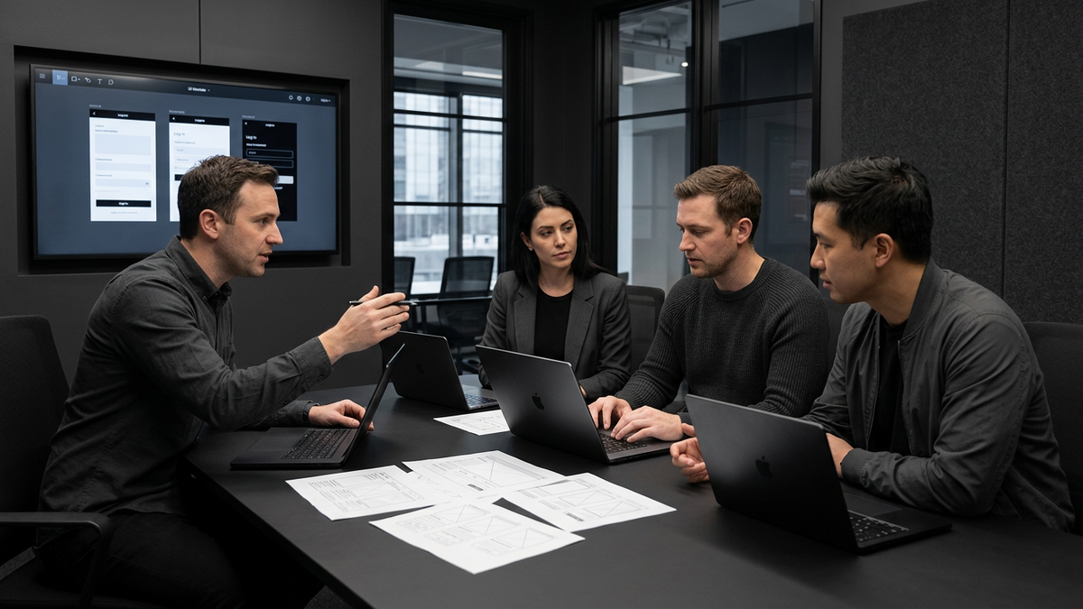 Senior product and engineering team collaborating with a startup founder reviewing AI app wireframes in a modern workspace