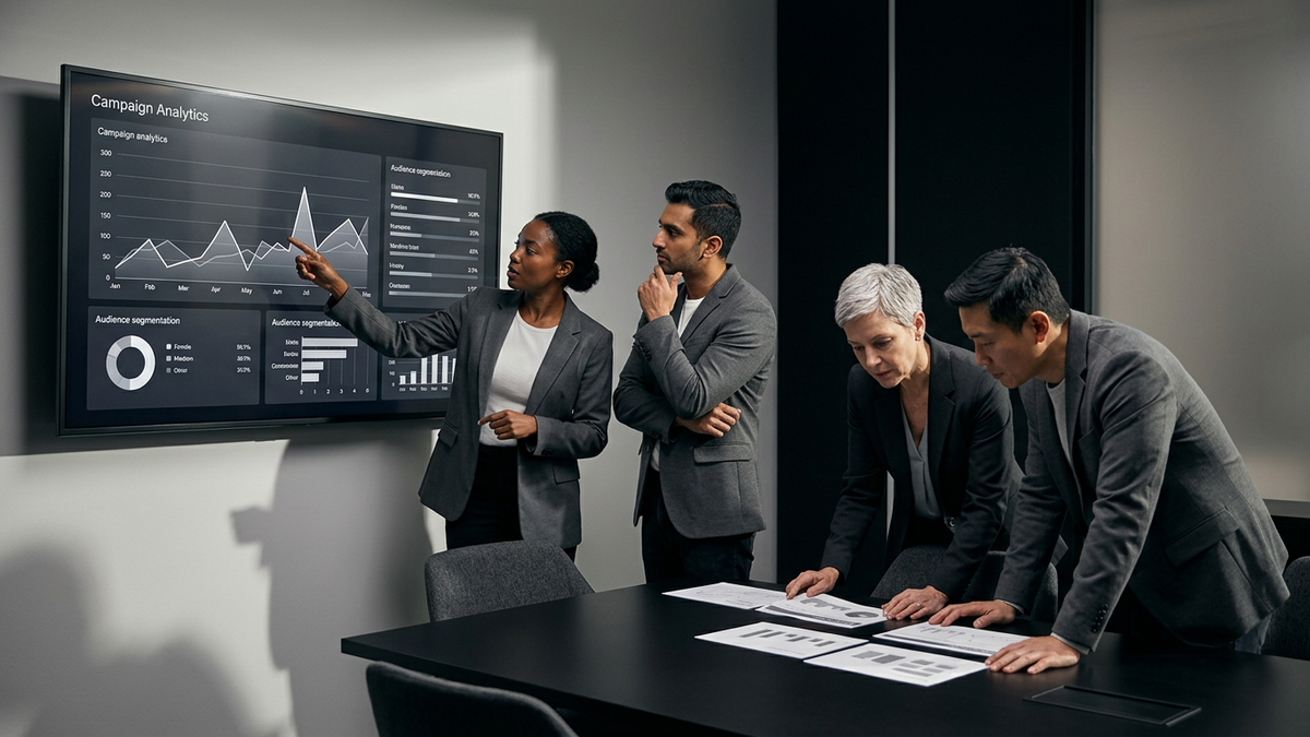 Senior marketing team collaborating around a large screen displaying AI-powered analytics dashboards