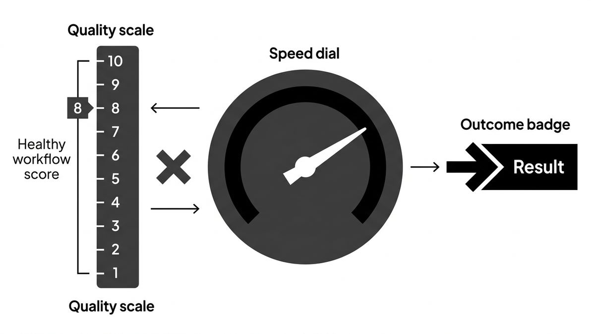 Flat editorial illustration of the speed multiplier framework showing workflow quality scaled by AI leading to outcomes
