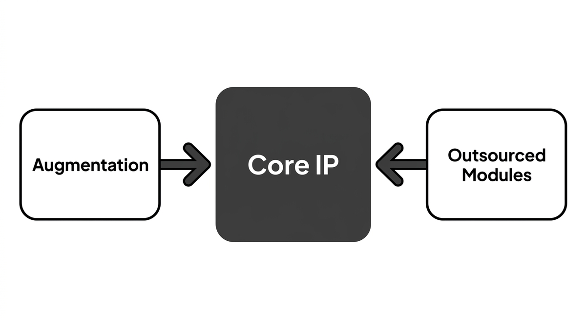 Flat diagram illustration showing how augmented and outsourced workstreams connect to a central SaaS product in a hybrid engagement model
