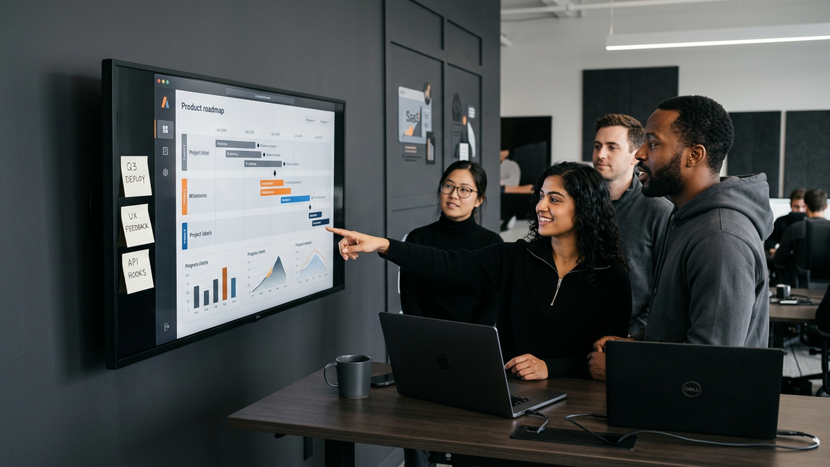 A small engineering team gathered around a monitor showing product roadmaps, representing SaaS capacity planning challenges