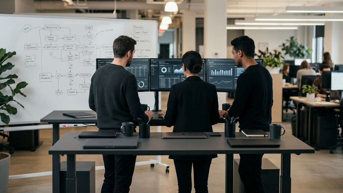 Editorial photo of a small team reviewing AI performance dashboards and workflow analytics in an office setting