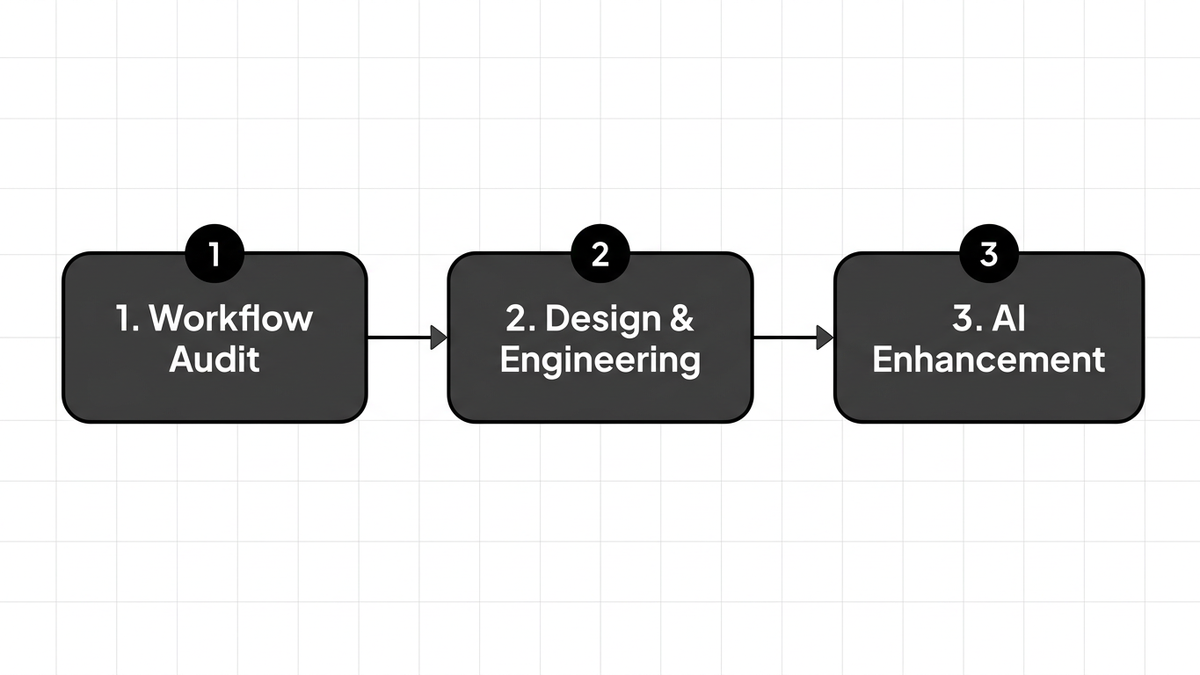 Three-step process diagram showing TechOrigins' workflow-first AI implementation approach